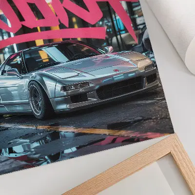 Dekorativ väggaffisch med motiv av sportbil i graffiti och modern stadsmiljö