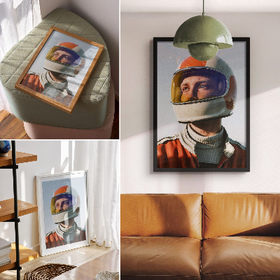 Poster En figur i en rymdhjälm, futuristisk atmosfär