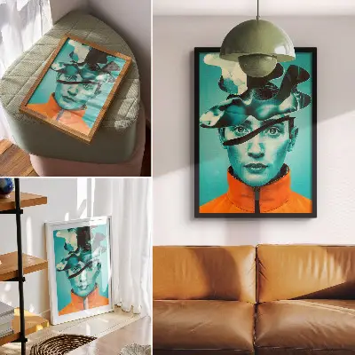 Poster med surrealistiska motiv i dynamiska former och kontrasterande färger