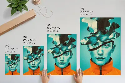 Poster med surrealistiska motiv i dynamiska former och kontrasterande färger