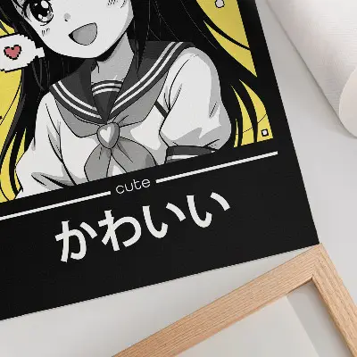 Dekorativ väggaffisch med manga-inspirerade svarta linjer och gula accenter