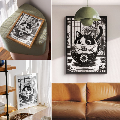 Poster Katt i en skål med ris, komisk stil, österländsk stil