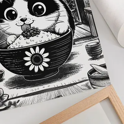 Poster katt i en risskål i komisk österländsk stil