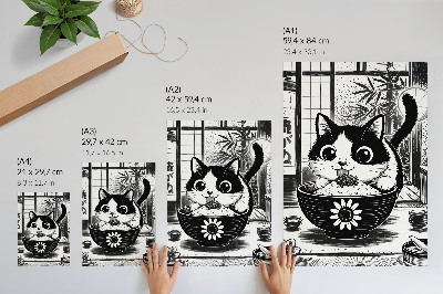 Poster Katt i en skål med ris, komisk stil, österländsk stil