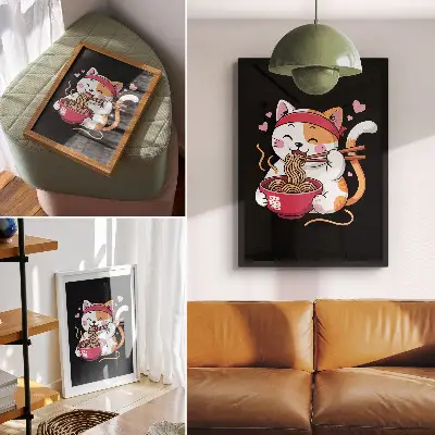 Hållbar väggposter med motiv av en bedårande rosa kattunge som äter pasta