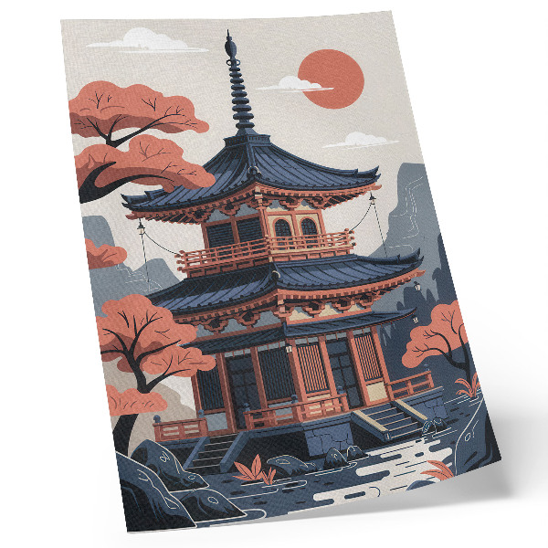Hållbar väggposter Japanskt tempel i pastellfärger, träd, berg, fred