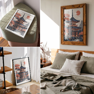 Hållbar väggposter Japanskt tempel i pastellfärger, träd, berg, fred