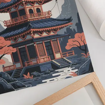 Hållbar väggposter japanskt tempel i pastellfärger med träd, berg och motiv av fred