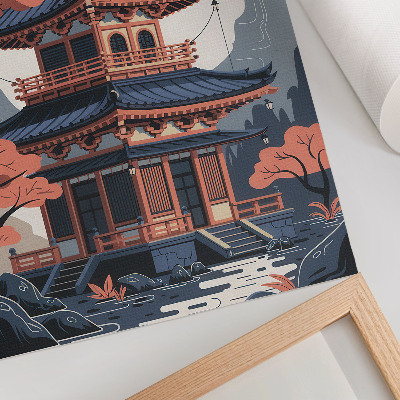 Hållbar väggposter Japanskt tempel i pastellfärger, träd, berg, fred