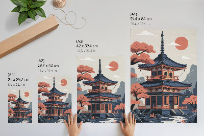 Hållbar väggposter Japanskt tempel i pastellfärger, träd, berg, fred