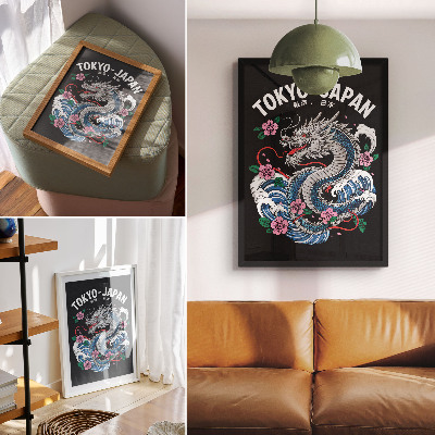 Poster En drake bland blommor och vågor, en dynamisk komposition