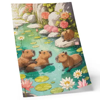 Dekorativ väggaffisch kapybaras i damm med blommor och harmonisk natur