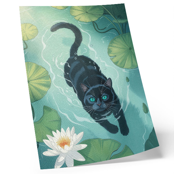 Poster Katt i vattnet känsliga näckrosblad