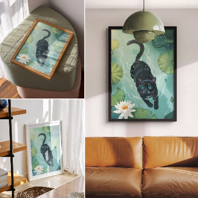 Poster Katt i vattnet känsliga näckrosblad