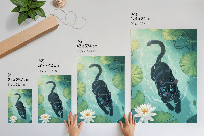 Poster Katt i vattnet känsliga näckrosblad
