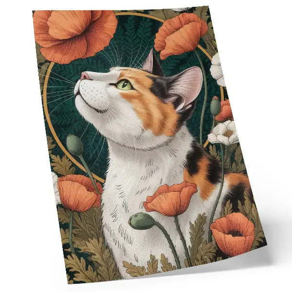 Poster katt bland vallmo i illustrationsstil med naturtema
