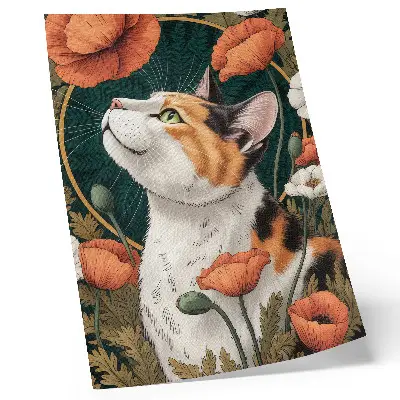Poster katt bland vallmo i illustrationsstil med naturtema