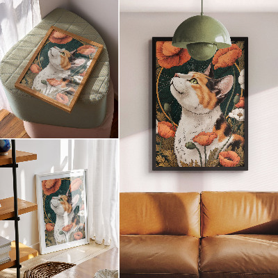 Poster Katt bland vallmo, illustrationsstil, natur