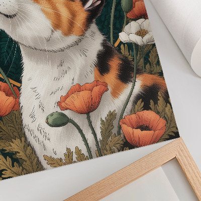 Poster Katt bland vallmo, illustrationsstil, natur