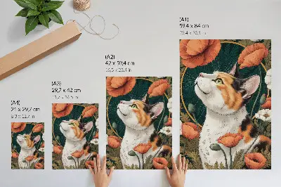 Poster katt bland vallmo i illustrationsstil med naturtema
