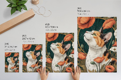 Poster Katt bland vallmo, illustrationsstil, natur