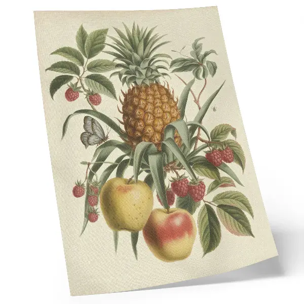 Affisch med motiv av klassiska frukter och blad i harmonisk naturstil