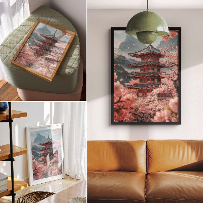 Hållbar väggposter Körsbärsträdpagoden Berg Romantisk atmosfär