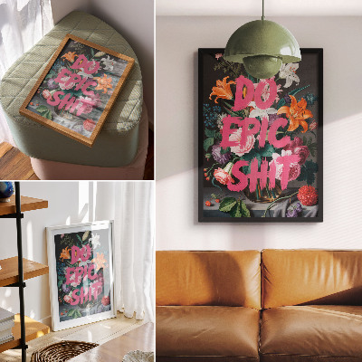 Hållbar väggposter Rosa bokstäver på en bakgrund av färgglada blommor
