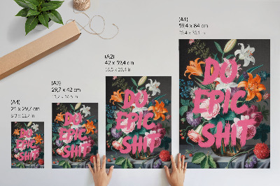 Hållbar väggposter Rosa bokstäver på en bakgrund av färgglada blommor