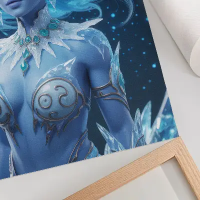 Poster med motiv av magisk figur och iskristaller i stämningsfull miljö