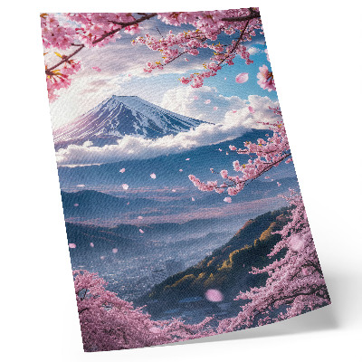 Affisch Berg och blommande sakuraträd med en rosa himmel