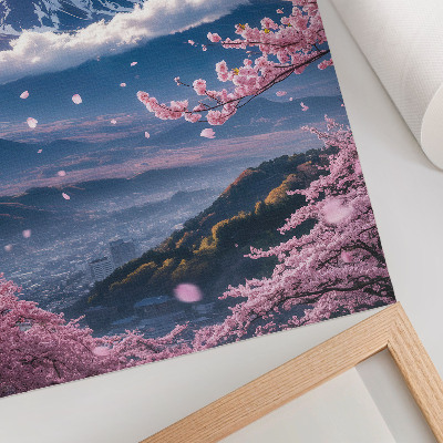 Affisch Berg och blommande sakuraträd med en rosa himmel
