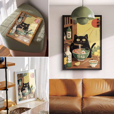 Poster Katt med ramen och citroner, japanskt tema, tidlös atmosfär
