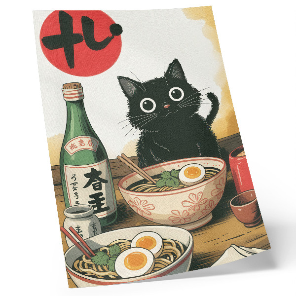 Affisch Svart katt ramen sake flaska japanskt motiv