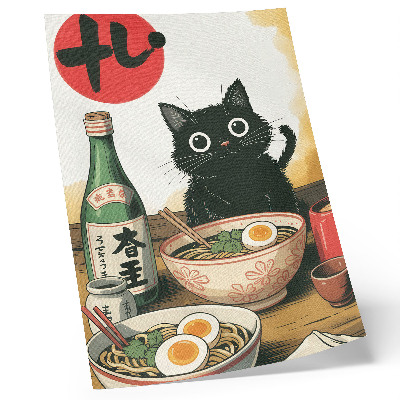 Affisch Svart katt ramen sake flaska japanskt motiv