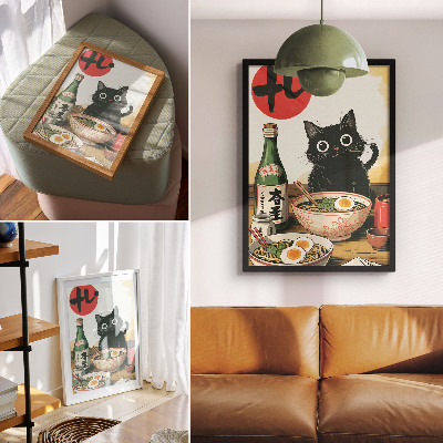 Affisch Svart katt ramen sake flaska japanskt motiv