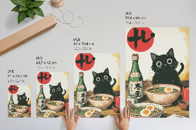 Affisch Svart katt ramen sake flaska japanskt motiv