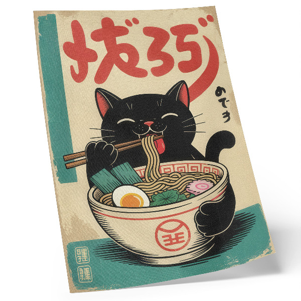 Hållbar väggposter Svart katt Ramen skål japanska retroinspirationer