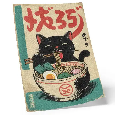 Hållbar väggposter svart katt med japansk ramen-skål i retrostil