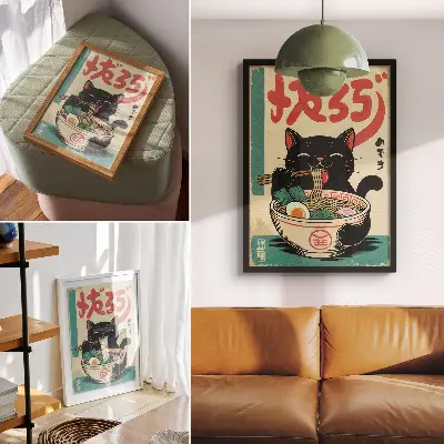 Hållbar väggposter svart katt med japansk ramen-skål i retrostil