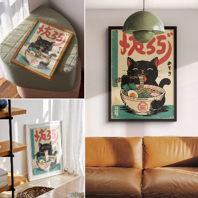 Hållbar väggposter Svart katt Ramen skål japanska retroinspirationer
