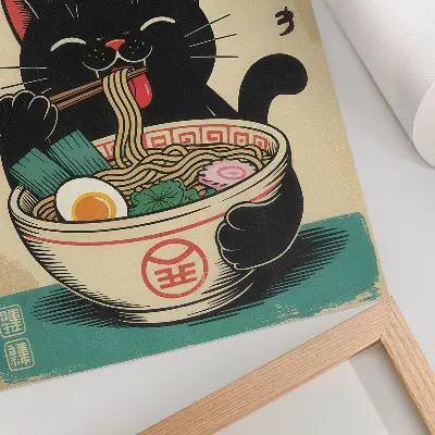 Hållbar väggposter svart katt med japansk ramen-skål i retrostil