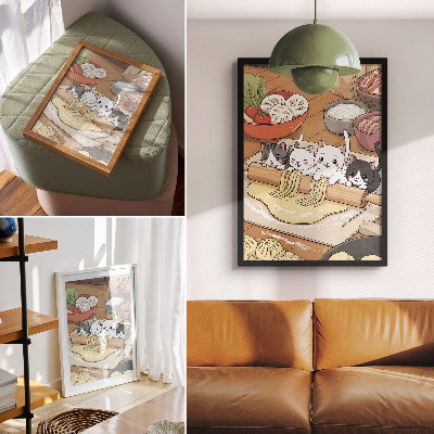 Dekorativ väggaffisch Kattungar i köket varm palett illustration