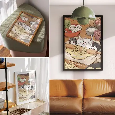 Dekorativ väggaffisch med illustration av kattungar i köket i varm färgpalett