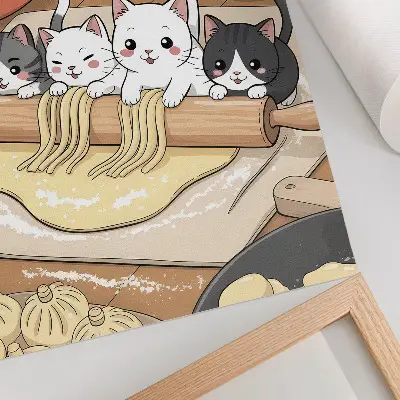 Dekorativ väggaffisch med illustration av kattungar i köket i varm färgpalett