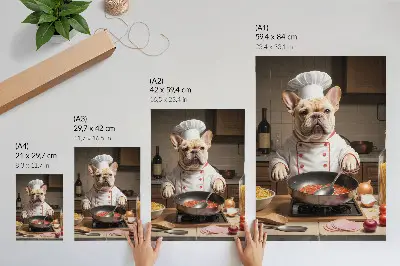 Poster med roligt motiv av en bulldog i surrealistisk köksmiljö