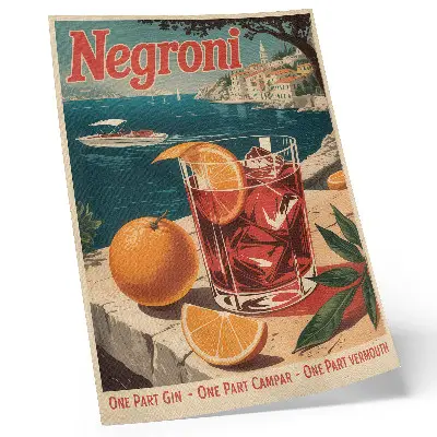 Poster med motiv av hav i orangea semesterfärger