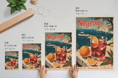 Poster med motiv av hav i orangea semesterfärger
