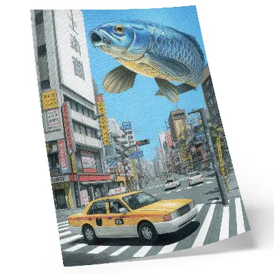 Väggaffisch urban surrealism med fiskmotiv i modern gatustil