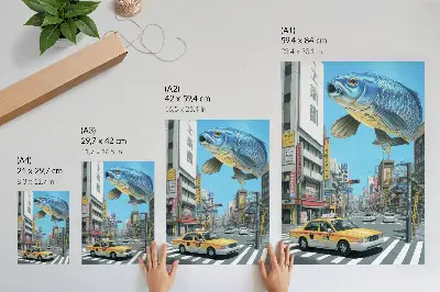 Väggaffisch urban surrealism med fiskmotiv i modern gatustil